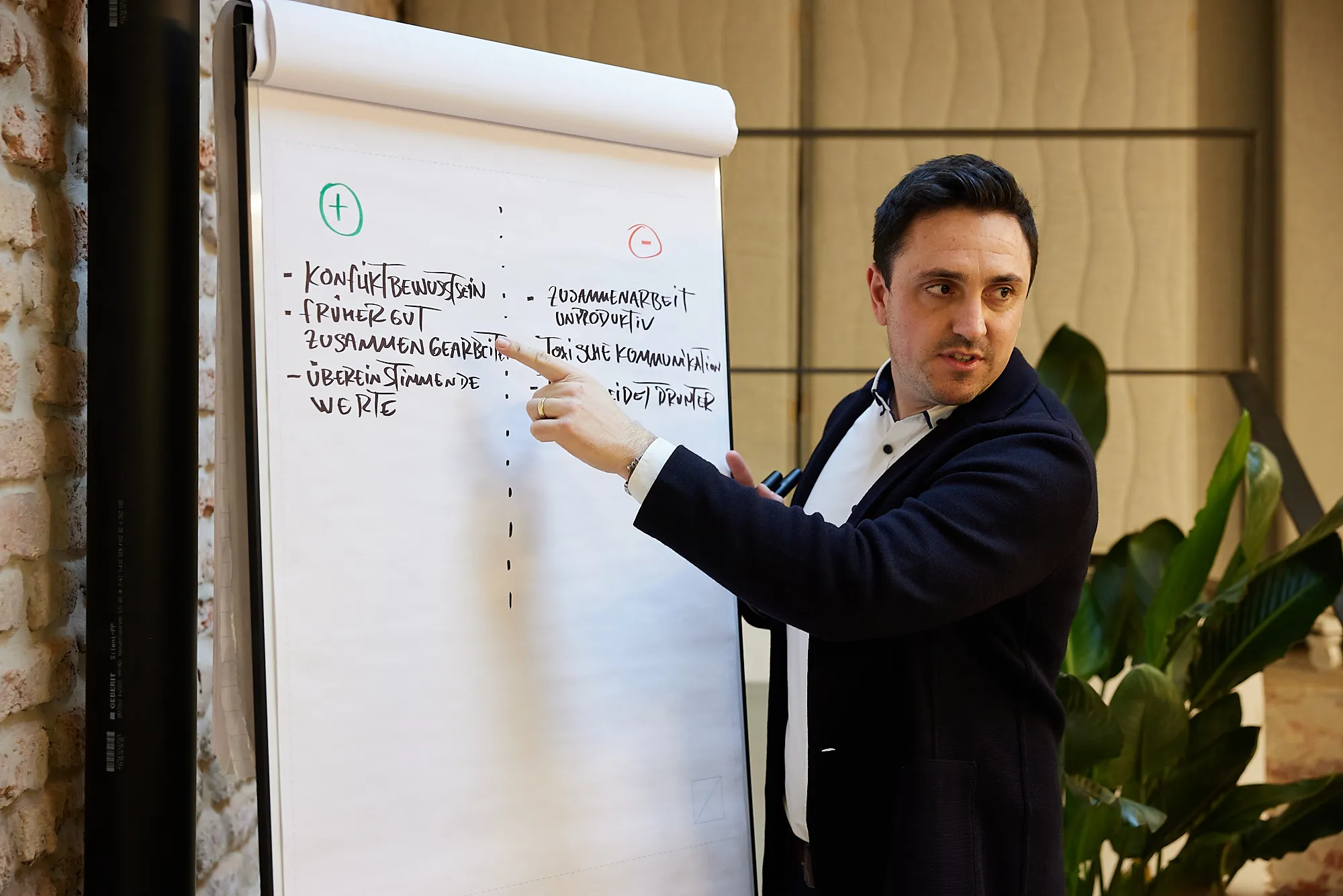 Moderator zeigt Pro und Kontra am Flipchart für Team in Beratung zur Teamentwicklung-Workshop